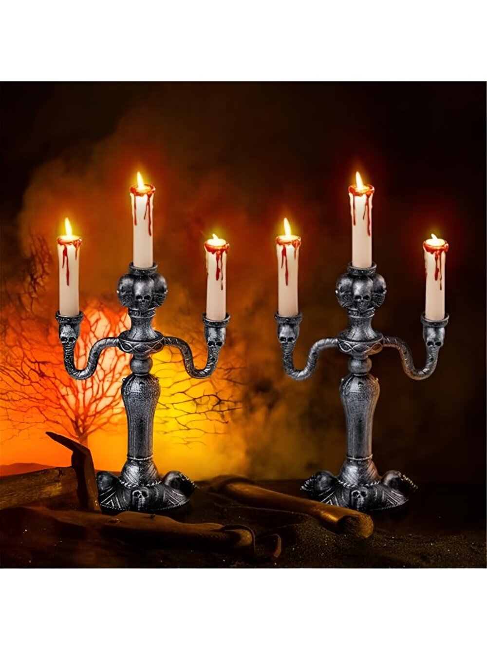 2 Pcs Skull Candelabra Halloween Decorations Indoor LED Lights Flameless